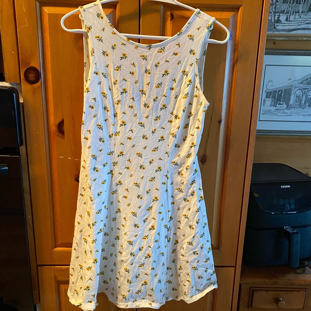White high neck low back yellow floral tank dress